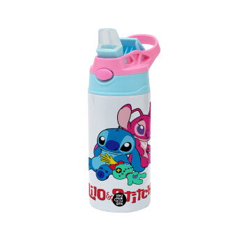 Lilo & Stitch, Children's hot water bottle, stainless steel, with safety straw, Pink/BlueCiel (360ml) BPA FREE