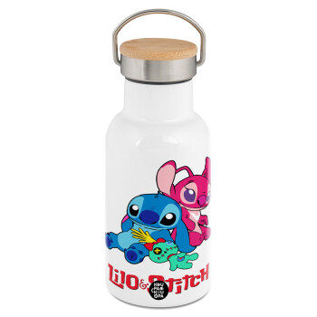 Lilo & Stitch, Μεταλλικό παγούρι θερμός (Stainless steel) Λευκό με ξύλινο καπακι (bamboo), διπλού τοιχώματος, 350ml