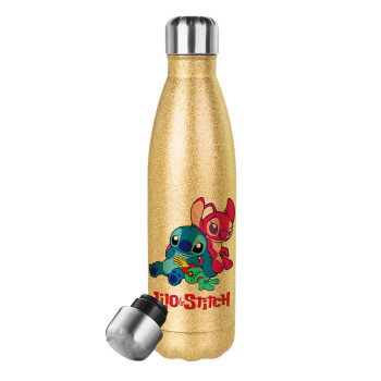 Lilo & Stitch, Glitter gold stainless steel thermos bottle, double-walled, 500ml