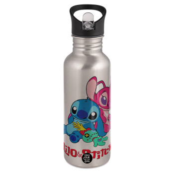 Lilo & Stitch, Water bottle Silver with straw, stainless steel 600ml