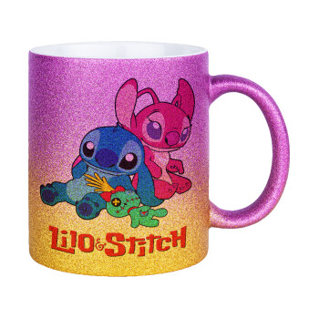 Lilo & Stitch, Κούπα Χρυσή/Ροζ Glitter, κεραμική, 330ml