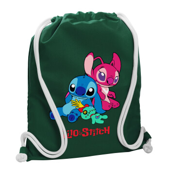 Lilo & Stitch, Τσάντα πλάτης πουγκί GYMBAG BOTTLE GREEN, με τσέπη (40x48cm) & χονδρά λευκά κορδόνια