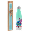 Easter Set, Metallic green/white thermos (Stainless steel), double-walled, 500ml & scented flat Easter candle (30cm) (TURQUOISE)