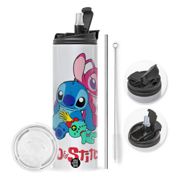 Lilo & Stitch, Travel Tumbler θερμό με διπλό καπάκι, μεταλλικό καλαμάκι και βούρτσα καθαρισμού (Ανωξείδωτο 304 Food grade, BPA free, 600ml)