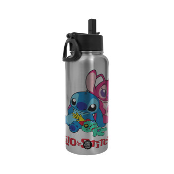 Lilo & Stitch, Metal mug thermo Silver with Straw and Spout Lid (Stainless steel), double wall, 950ml