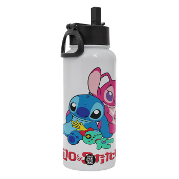 Lilo & Stitch, Metal mug thermo White with Straw and Spout Lid (Stainless steel), double wall, 950ml