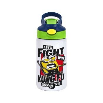 Minions Let's fight with kung fu sounds, Children's hot water bottle, stainless steel, with safety straw, green, blue (350ml)