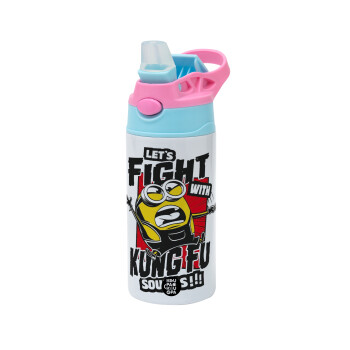 Minions Let's fight with kung fu sounds, Children's hot water bottle, stainless steel, with safety straw, Pink/BlueCiel (360ml) BPA FREE