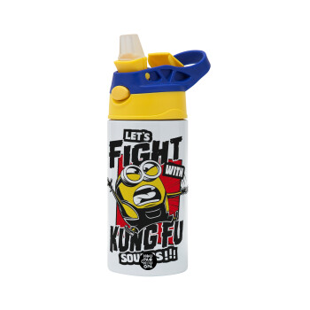 Minions Let's fight with kung fu sounds, Children's hot water bottle, stainless steel, with safety straw, green, blue (360ml) BPA FREE