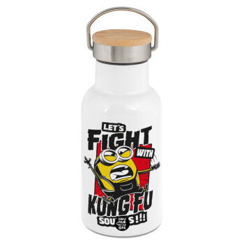 Minions Let's fight with kung fu sounds, Metallic thermos (Stainless steel) White with wooden lid (bamboo), double-walled, 350ml