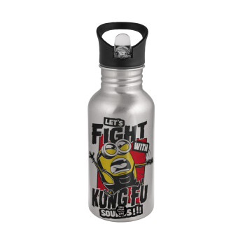 Minions Let's fight with kung fu sounds, Water bottle Silver with straw, stainless steel 500ml