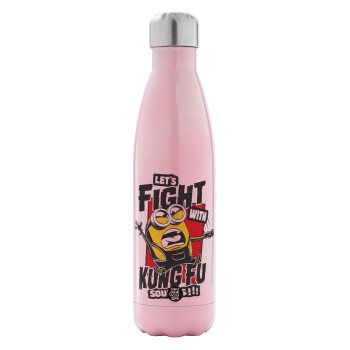 Minions Let's fight with kung fu sounds, Metal mug thermos Pink Iridiscent (Stainless steel), double wall, 500ml