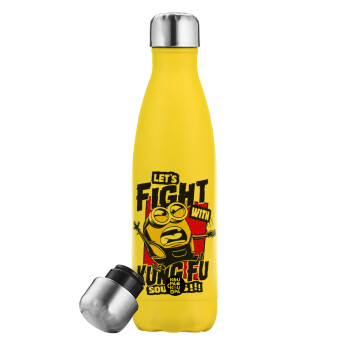 Minions Let's fight with kung fu sounds, Yellow Stainless Steel Metallic Thermos, double-walled, 500ml