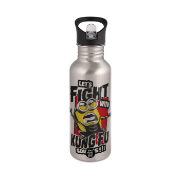 Minions Let's fight with kung fu sounds, Water bottle Silver with straw, stainless steel 600ml