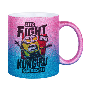 Minions Let's fight with kung fu sounds, Κούπα Χρυσή/Μπλε Glitter, κεραμική, 330ml