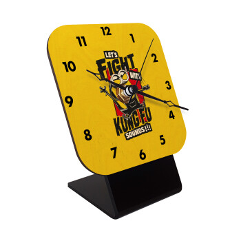 Minions Let's fight with kung fu sounds, Quartz Table clock in natural wood (10cm)