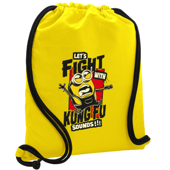 Minions Let's fight with kung fu sounds, Τσάντα πλάτης πουγκί GYMBAG Κίτρινη, με τσέπη (40x48cm) & χονδρά κορδόνια