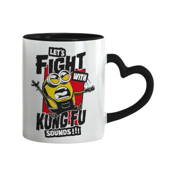 Minions Let's fight with kung fu sounds, Κούπα καρδιά χερούλι μαύρη, κεραμική, 330ml