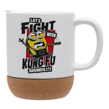 Minions Let's fight with kung fu sounds, Ceramic coffee mug Cork (MAT), 330ml (1pcs)