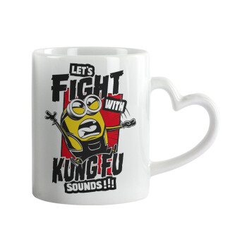 Minions Let's fight with kung fu sounds, Κούπα καρδιά χερούλι λευκή, κεραμική, 330ml