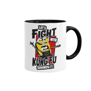 Minions Let's fight with kung fu sounds, Κούπα χρωματιστή μαύρη, κεραμική, 330ml