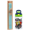 Easter Set, Children's thermal stainless steel bottle with safety straw, green/blue (350ml) & aromatic flat Easter candle (30cm) (TURQUOISE)