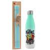 Easter Set, Metallic green/white thermos (Stainless steel), double-walled, 500ml & scented flat Easter candle (30cm) (TURQUOISE)