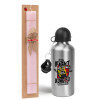 Easter Set, metallic Silver aluminum water bottle (500ml) & scented flat Easter candle (30cm) (PINK)