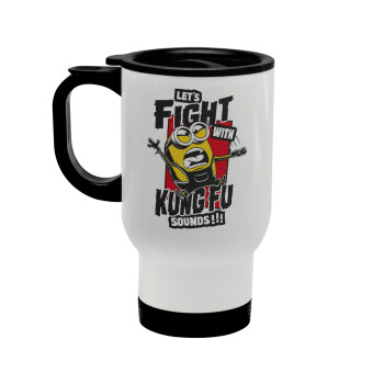 Minions Let's fight with kung fu sounds, Stainless steel travel mug with lid, double wall white 450ml