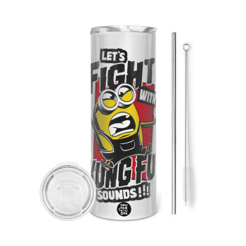 Minions Let's fight with kung fu sounds, Eco friendly stainless steel tumbler 600ml, with metal straw & cleaning brush