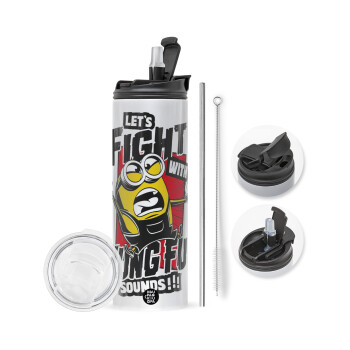 Minions Let's fight with kung fu sounds, Travel Tumbler θερμό με διπλό καπάκι, μεταλλικό καλαμάκι και βούρτσα καθαρισμού (Ανωξείδωτο 304 Food grade, BPA free, 600ml)