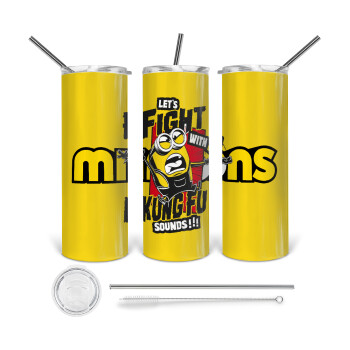 Minions Let's fight with kung fu sounds, Tumbler ποτήρι θερμό από ανοξείδωτο ατσάλι 600ml, με μεταλλικό καλαμάκι & βούρτσα καθαρισμού