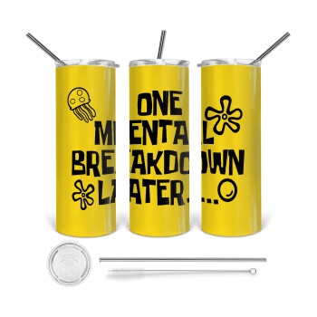 one mental breakdown later bob spongebob, 360 Eco friendly ποτήρι θερμό (tumbler) από ανοξείδωτο ατσάλι 600ml, με μεταλλικό καλαμάκι & βούρτσα καθαρισμού