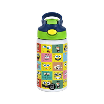 BOB spongebob and friends, Children's hot water bottle, stainless steel, with safety straw, green, blue (350ml)