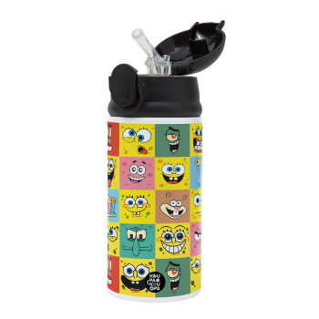 BOB spongebob and friends, Children's hot water bottle, stainless steel, with safety straw, Black (360ml) BPA-FREE