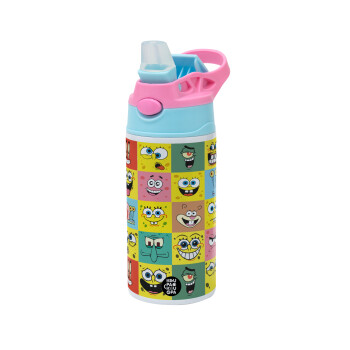 BOB spongebob and friends, Children's hot water bottle, stainless steel, with safety straw, Pink/BlueCiel (360ml) BPA FREE