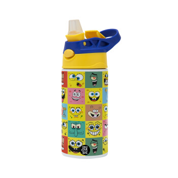 BOB spongebob and friends, Children's hot water bottle, stainless steel, with safety straw, green, blue (360ml) BPA FREE