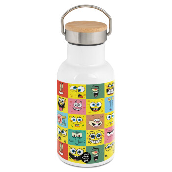 BOB spongebob and friends, Metallic thermos (Stainless steel) White with wooden lid (bamboo), double-walled, 350ml