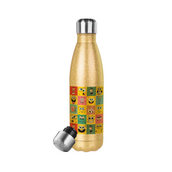 BOB spongebob and friends, Glitter gold stainless steel thermos bottle, double-walled, 500ml