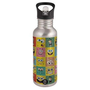 BOB spongebob and friends, Water bottle Silver with straw, stainless steel 600ml