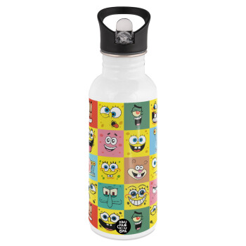 BOB spongebob and friends, White water bottle with straw, stainless steel 600ml