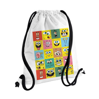 BOB spongebob and friends, Τσάντα πλάτης πουγκί GYMBAG λευκή, με τσέπη (40x48cm) & χονδρά κορδόνια