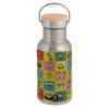 Stainless steel metallic thermos flask, silver with a bamboo lid, double-walled, 350ml.