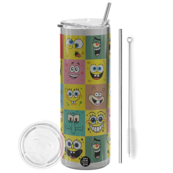 BOB spongebob and friends, Eco friendly stainless steel Silver tumbler 600ml, with metal straw & cleaning brush