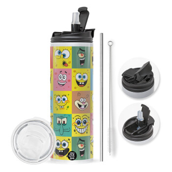 BOB spongebob and friends, Travel Tumbler 2 Lids, with metal straw & cleaning brush (Stainless steel 304 Food grade, BPA free, 600ml)