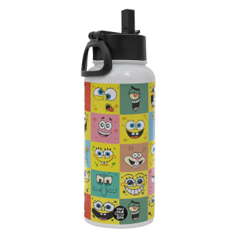 BOB spongebob and friends, Metal mug thermo White with Straw and Spout Lid (Stainless steel), double wall, 950ml