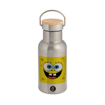 BOB, Stainless steel metallic thermos flask, silver with a bamboo lid, double-walled, 350ml.