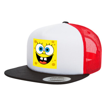 BOB, Adult Foam Flat Snapback with Mesh Black-White-Red (POLYESTER, ADULT, UNISEX, ONE SIZE)