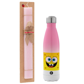 BOB, Easter Set, Metallic pink/white (Stainless steel) thermos, double-walled, 500ml & aromatic flat Easter candle (30cm) (PINK)