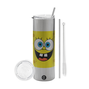 BOB, Eco friendly stainless steel Silver tumbler 600ml, with metal straw & cleaning brush
